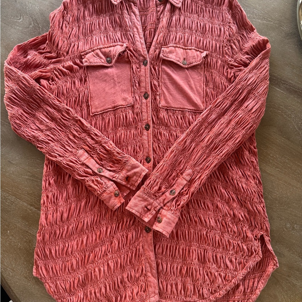 Anthropologie Pilcro Crinkled Button-Up Shirt in Dusty Rose